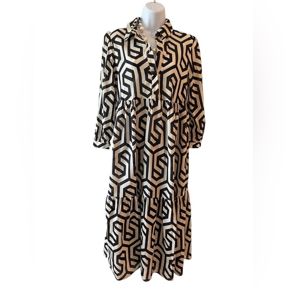 ZARA Black White Ecru Geometric Print Tunic Midi Dress Size XS Flowy Chic Shirt - Picture 2 of 5